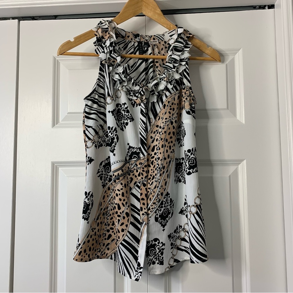 Sioni Black, White, and Tan animal and chain Patterned sleeveless Blouse Size S